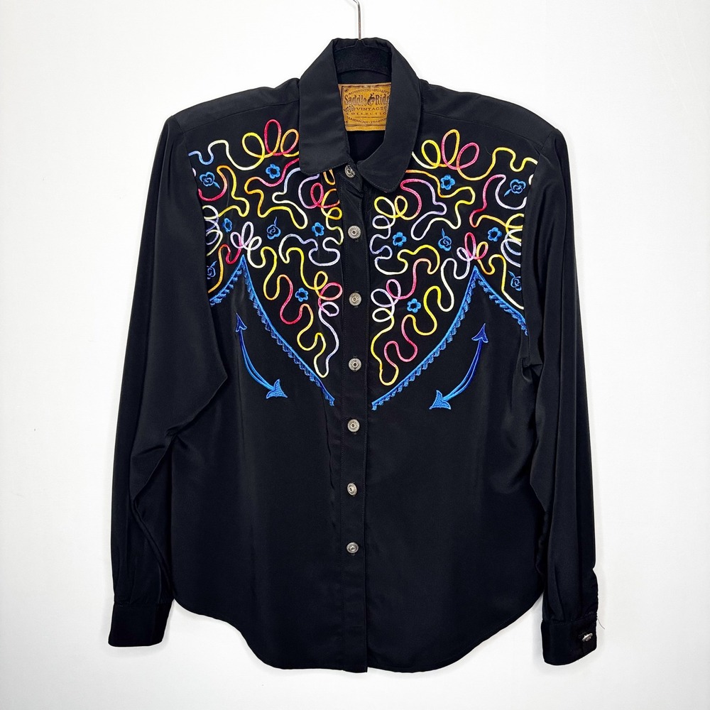 Saddle Ridge Vintage Western Point Blouse‎ Size L Embroidered Black Cowgirl USA
